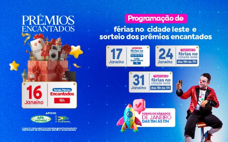 Shopping Cidade Leste sorteia hoje “Prêmios Encantados” e mantém férias, descontos e volta às aulas em destaque